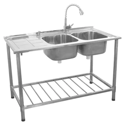 Produktbild von Gastro Spültisch Silber Doppelbecken mit Abtropffläche Links Freistehend