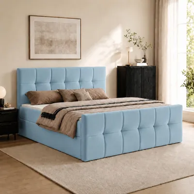 Produktbild von Boxspringbett AUREN FRONT 200x200 cm Komplett-Set mit Bonell-Matratze, Topper und Bettkasten, Samt Hellblau