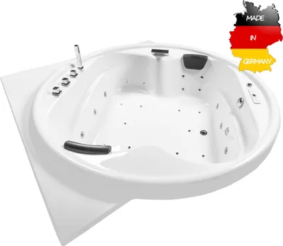 Produktbild von Basera CLASSIC Indoor Podest-Whirlpool Badewanne XXL Gomera mit Ecke 186 x 186 cm, 28 Massagedüsen, Wasserfall, LED-Ambiente, Touchpanel, Bluetooth und Radio
