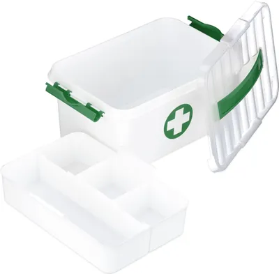 Image de Boîte à pharmacie Relaxdays, 5 compartiments, trousse de premiers secours pour pharmacie familiale, en plastique, H x l x P : 14,5 x 30 x 20 cm, blanc/vert