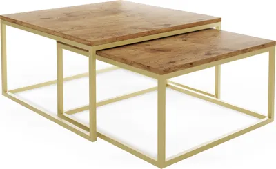 Produktbild von Rechteckige Quadratische Satztische Couchtische mit Gold Gestell - Loft Style Couchtische Metallbeine - 2 in 1 - Zwei Industrielle Getrennte Tische für Wohnzimmer - Lancelot Eiche