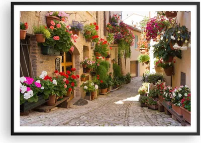 Produktbild von Gerahmtes Poster - Schwarzer Rahmen - Blume Straße Haus - 100x70 cm - Wand Bild - Wanddeko - Wandbilder - Kunstposter - Wandposter - Bilderrahmen - Bilder - Kunstdruck - Wandbild - P2BAA100x70-3586