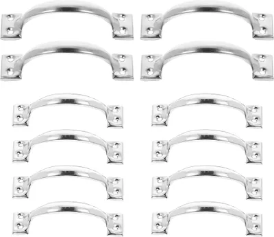 A set of metal cabinet and drawer handles arranged in rows on a white background.