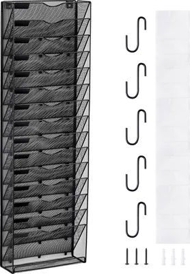 A black metal wall-mounted organizer with multiple compartments, shown with S-hooks and screws.