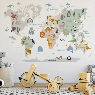 Produktbild von Tropische Tierwelt Landkarte Wandaufkleber – Selbstklebende PVC-Sticker für mehrere Oberflächen, ideal für Kinderzimmer, Wohnzimmer & Heimdekoration