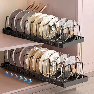 Produktbild von 2er-Set Organizer für Töpfe und Pfannen mit 10 Trennwänden in Schwarz | Ausziehbarer und verstellbarer Schrankorganizer für Töpfe und Pfannen