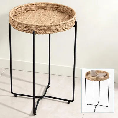 Produktbild von doporro Beistelltisch rund, Kleiner Tisch, Couchtisch rund mit 1 geflochtenen Ablagen aus natürlichem Papierseil,37 x 55 cm, Schwarz Reglo-08