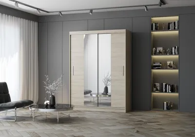 Obrázek produktu pro FurMeb24, skříň VISTA 01 s posuvnými dveřmi, 2 dveře, rozměry 150 x 200 cm, šatní skříň se zrcadlem – elegantní skříň s posuvnými dveřmi (dřevo dub)