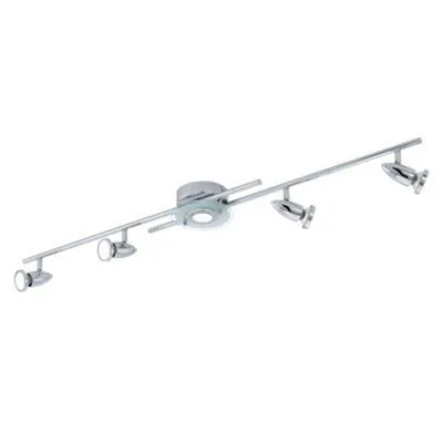 A chrome and white track light fixture with five adjustable spotlights is shown against a white background.