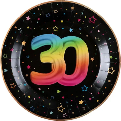 Produktbild von 6 Papp-Teller Geburtstag 30 schwarz bunt