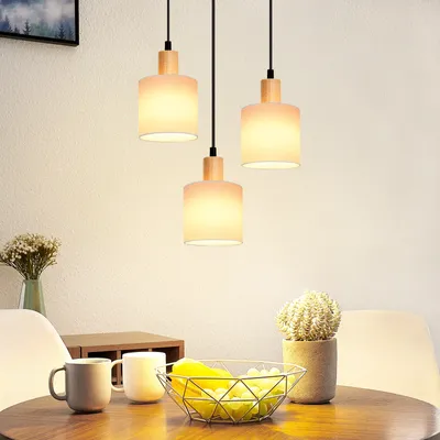 Immagine prodotto di ZMH lampada a sospensione legno bianco tavolo da pranzo lampada a sospensione vintage E14 3 fiamme lampada a sospensione cucina rustica tessuto per soggiorno ristorante camera da letto