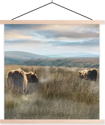 Produktbild von MuchoWow® Textilposter Schottische Hochlandrind - Nebel - Gras 60x60 cm mit holzfarbenen Rahmen - Wanddekoration