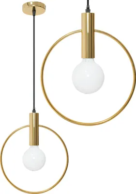 Two gold pendant lights with white bulbs against a white background.