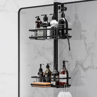 Image de Étagère de douche à suspendre, 2 niveaux, avec support pour savon, réglable en hauteur, sans perçage, pour porte de douche en verre