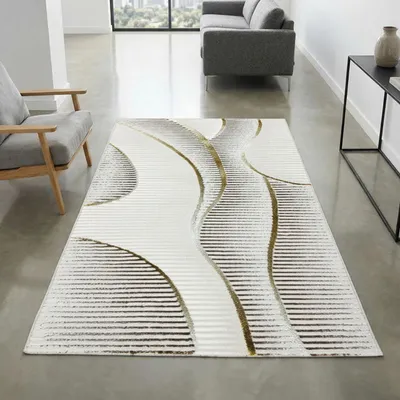 Produktbild von Kurzflorteppich Creme geschwungene Linien modern mit Glanzeffekt für Wohnzimmer und Schlafzimmer Größe - 60 x 110 cm