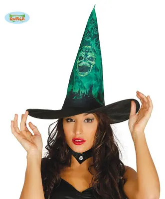 Produktbild von Guirca Grusel-Hexenhut Schwarz mit Totenkopf-Print und grüner Spitze