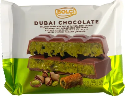 Produktbild von Bolci Dubai Schokolade 100g Milchschokolade mit 40% Pistaziencreme Füllung und gerösteten Teigfäden