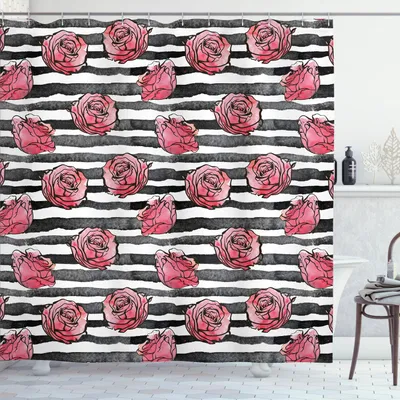 Immagine prodotto di ABAKUHAUS Tenda da doccia floreale, fiori rosa dipinti con acquerello astratto su sfondo a righe monocolore, 175 x 180 cm, bianco, nero, rosso corallo