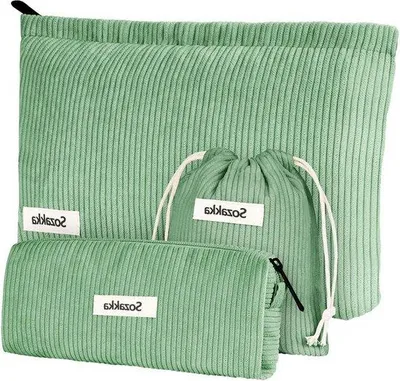 Produktbild von 3 Stück Corduroy-Leder Kosmetik-Tas mit Reißverschluss für Frauen - grün