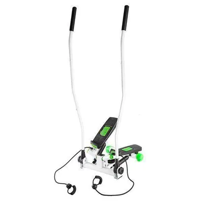 A white and green stepper machine with black handles and foot pedals, shown against a white background.