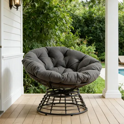 Image de LVHOM Fauteuil Papa pivotant à 360°, fauteuil lounge avec coussins, fauteuil pivotant avec structure métallique, fauteuil de lecture confortable pour le salon et l'extérieur, 92 x 67 cm, gris