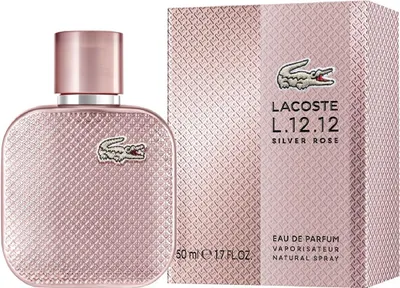 A bottle of Lacoste L.12.12 Silver Rose Eau de Parfum spray and its packaging are displayed against a white background.