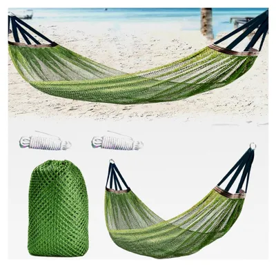 Produktbild von Seil-Hängematten für den Außenbereich, leichte Nylon-Netz-Camping-Hängematte mit Baumgurten und Aufbewahrungstasche, 259 x 129 cm, Grün