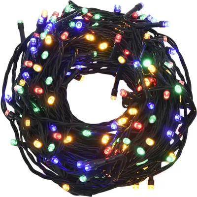 A tangled coil of multicolored LED string lights against a white background.