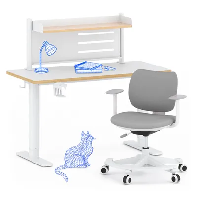 Obrázek produktu pro Dětský psací stůl FLEXISPOT s dětskou židlí, s elektricky nastavitelnou výškou, s LED displejem, se 3 paměťovými polohami, s magnetickou tabulí, rozměry 110×52 cm