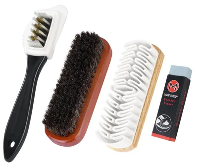 Imagen del producto de Cepillo para zapatos limpiador de zapatos juego de herramientas - Set de 4 - Para ante y nobuk - Pelo de caballo - Cerdas de latón
