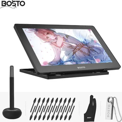 Zdjęcie produktu dla Tablet graficzny BOSTO 16HD o przekątnej 15,6 cala obsługuje pojemnościowy ekran dotykowy o 8192 poziomach czułości, charakteryzuje się niskim zużyciem energii i jest wyposażony w interaktywny rysik