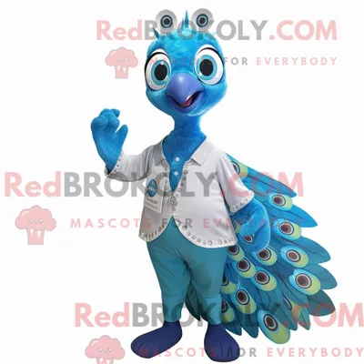 Produktbild von Himmelblauer REDBROKOLY Pfau als Maskottchenkostüm mit Hemd und Ringen