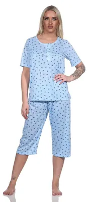 Produktbild von Damen Pyjama 3/4 Hose & Shirt mit Blumenmuster; Blau/M/38