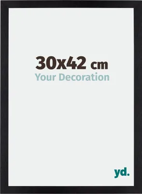 A product image showing a black picture frame with text indicating its size and a logo.