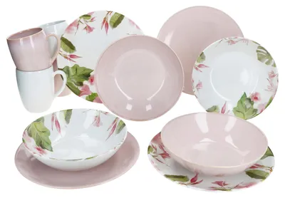 Zdjęcie produktu dla Ossia 12szt Exotic Tearose różowy zestaw śniadaniowy kamionka talerz kubek miska
