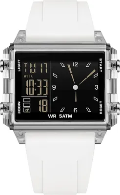 Immagine prodotto di Orologio sportivo rettangolare, digitale e analogico, impermeabile 5 ATM, cinturino in silicone, doppio fuso orario, LED, cronometro, conto alla rovescia, sveglia, per uomo, donna e ragazzi