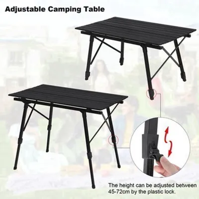 Image de Table de camping - Pliable et réglable en hauteur - Légère - Aluminium - Noire