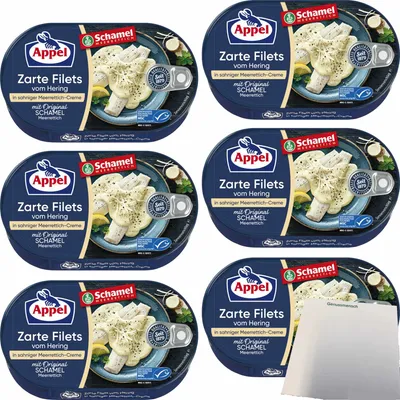 Produktbild von Appel Zarte Filets vom Hering in sahniger Original Schamel Meerrettich-Creme 6er Pack (6x200g Dose) + usy Block