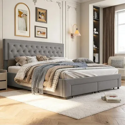 Productafbeelding van Gestoffeerd bed 160x200 met 2 lades, hydraulisch bed met opbergruimte, tweepersoonsbed met hoofdeinde, bedframe met lattenbodem, bedframe voor volwassenen, fluweel (grijs, 160 x 200 cm)