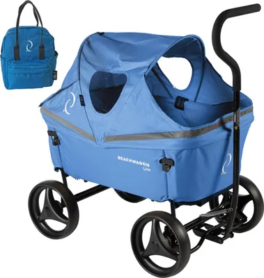 Produktbild von Beach Wagon Bollerwagen LITE, Handwagen faltbar klappbar, bis 80 kg belastbar, Kombiset mit mit Rucksacktasche und Verdeck - Hellblau