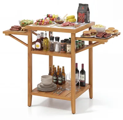 Image de Table de barbecue d'extérieur COSTWAY, table de camping, table de jardin avec 2 tablettes latérales rabattables, 2 tablettes ouvertes et un plateau aspect marbre, table de barbecue couleur naturelle