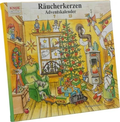 Das Bild zeigt einen sehr farbenfrohen bunten Adventskalender mit 24 Türchen auf dem ein Zimmer mit großem Sessel Weihnachtsbaum und Kaminofen festlich geschmückt mit verschiedenen weihnachtlichen Sachen abgebildet ist