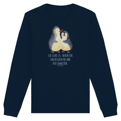 Produktbild von Mr. & Mrs. Panda Baumwoll Pullover Pinguine Einschlafen Größe S - French Navy - Geschenk, Hochzeitstag, Jahrestag, für Frauen, Bio-Pullover, Sweatshirt, Männer, Freundin