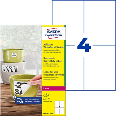 Produktbild von Avery Zweckform L4719REV-20, Wetterfeste Etiketten, ablösbar, A4, 105 x 148 mm, 80 Etiketten / 20 Bögen, weiß