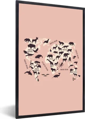 Produktbild von MuchoWow® Gerahmtes Poster Weltkarte - Tiere - Scherenschnitt 60x90 cm - Poster mit Schwarzem Bilderrahmen Wandposter Rahmen Foto Bilder - Kunst