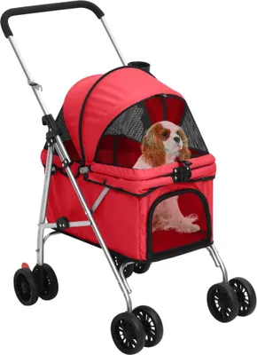A red dog stroller with a dog inside, shown against a white background.