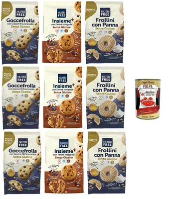 Produktbild von Nutrifree Kekse Testpaket Insieme+, Goccefrolle, Frollini con Panna Insieme+, Goccefrolle, Shortbread mit Sahne 6x250gr 3x300gr + Italian Gourmet polpa 400g