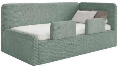 Produktbild von Selsey Fanko – Kinderbett 90x200 cm mit Rausfallschutz, Matratze, Kopfteil rechts, Plüsch, Salbeigrün
