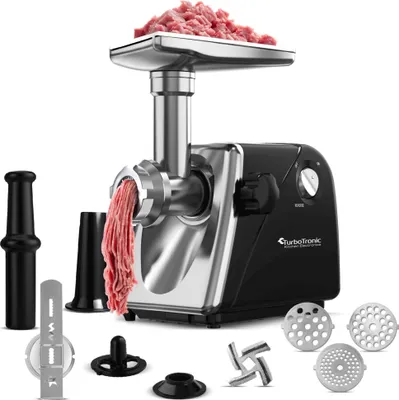 Obrázok produktu pre TurboTronic Samurai - MG20 - Elektrický mlynček na mäso 2000 W – nerezové nože, kovový prevod, nadstavec na klobásy, Kebbe a lis na pečivo