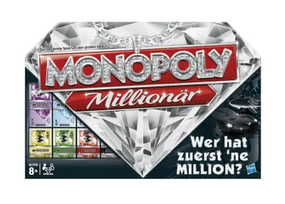 The image shows the box art for the Monopoly Millionär board game, featuring a large diamond graphic and game elements.